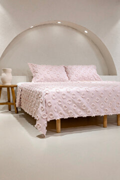 lusso stile Ponpon Çift Kişilik Püsküllü Yatak Örtüsü Pudra 250x260 2 Yastık