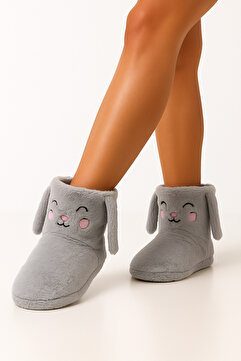 fluffy Peluş, Sıcak Kumaştan, Nakışlı, Kulaklı, Kalın Termo Sessiz Tabanlı Kadın Kadın Ev Botu Pandufu