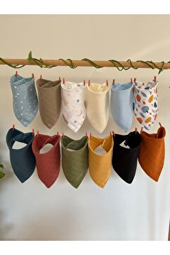 3Baby 12 Adet %100 Organik Pamuk Çift Katlı Iki Çıtçıtlı Müslin Bebek Fular & Salya Önlük