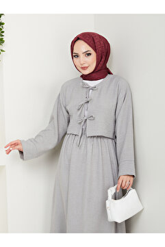 exxitcollection Kadın Sofia Keten Tesettür Gri Üç Bağlamalı Etekli Kimono Takım