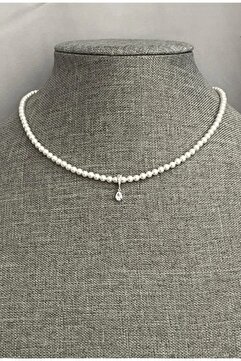 MiniMall Cam Damla Objeli Floş İp Tasarımlı Inci Kolye 40 cm KOL001