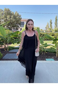 xyoung Piliseli Şifon Elbise SİYAH