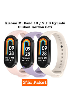 Dexmon Xiaomi Mi Band 8 Mi Band 9 Mi Band 10 Uyumlu 3lü Paket Silikon Kordon Bileklik Metal Pimli