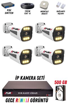 FURY 4 Kameralı Ip Güvenlik Kamerası Seti 4mp Gece Renkli Su Geçirmez 1506 500GB