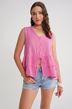 Mixray 4722 Kadın V Yaka Fırfırlı Müslin Bluz Pembe