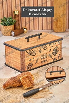 Kitchen Line Kapaklı Ahşap Ekmeklik - Dekoratif Desenli Ekmek Saklama Kutusu - Lüx Büyük Ekmek Dolabı