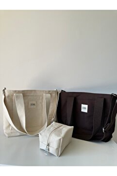 Sowa Collection 3lü Set Çıt Çıtlı Astarlı Kanvas Kadın El ve Omuz Çantası Makyaj Çantası
