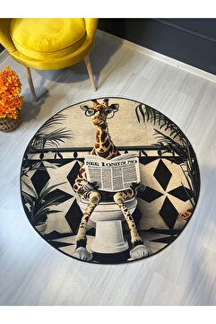 Rugs Modern Halı Özge Koleksiyonu Banyoda Gazete Okuyan Zürafa Detaylı Yuvarlak Dokuma Taban Halı özge61