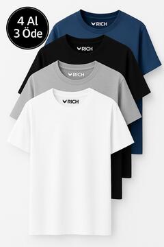 Rich Erkek 4 Lü Paket %100 Pamuk Oversize Tişört Basic Bisiklet Yaka Kısa Kollu T-Shirt