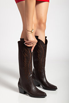 MS SUGAR SHOES Kadın Acıkahve Suni Deri Nakışlı Western Kovboy Cowgirl Bot Çizme