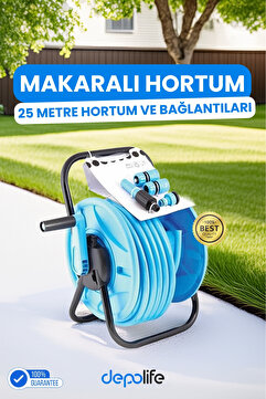 Depolife Makaralı Bahçe Hortumu Bahçe Sulama Hortum Makara Kaplin Tabanca Seti 25metre Hortum Ve Su Püskürtme