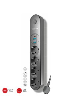Genel Markalar Termal Akım Korumalı Usb Ve Type C 2.1a Şarj Çıkışlı 10a 2500w 4'lü Uzatma Grup Priz Siyah 3402