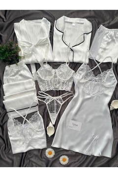 Lena Homewears Ekru Saten Kutulu 8 Parça Dev Pijama Gecelik Sabahlık Iç Giyim Gelin Çeyiz Seti