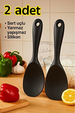 Kitchen Beauty 2 Adet Ultra Sert Uçlu Silikon Servis Pilav Tatlı Kaşığı Kaşık Seti Asılabilir Kaşık Yanmaz Yapışmaz