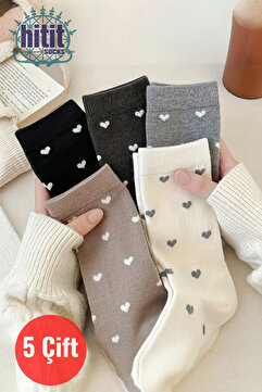 Hitit Socks Kadın 5 Çift Premium Kalite Kalpli Tenis Çorap Çok Renkli