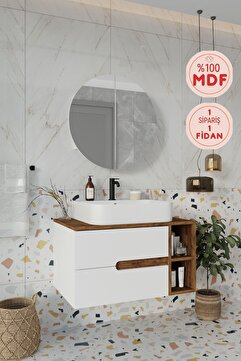 BALNEOM Koza Beyaz 80 Cm Banyo Dolabı+ayna+lavabo