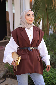 İmajButik Kahverengi Bel Kemerli Yelek