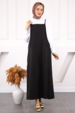 İmajButik Siyah İp Askılı Jile Elbise