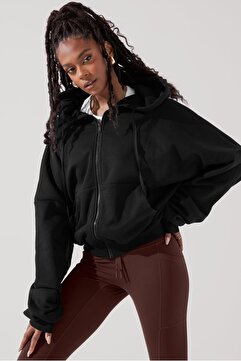 The Champ Clothing Kadın Siyah Kapüşonlu Ceket Bağcıklı Sweatshirt Fermuarlı 3 İplik Şardonlu Oversize Kesim