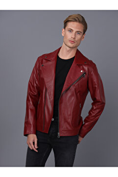 Basics&More Erkek Biker Bordo Deri Ceket - E2021