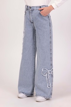 DMB BOYS & GIRLS Kurdele Fiyonk Nakışlı Kız Çocuk Kot Pantolon Yumuşak Dokulu Wide Leg Bol Paça Jean