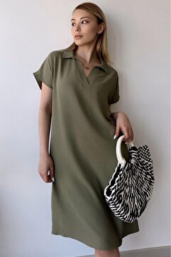 New Laviva Kadın Haki Kısa Kol, Polo Yaka, Dokulu Desen, Basic Kalıp/Kesim, Aerobin Rahat Midi Elbise