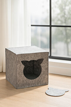 YUNUSOĞLU HOME Gri Keçe Kedi Yuvası Dekoratif Mama Kabı Altlığı Hediyeli Organizer Düzenleyici Katlanabilir