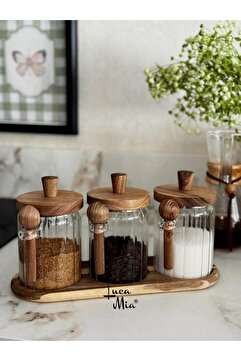 Luca Mia Glassya Akasya Kaşıklı Standlı Cam Kavanoz Seti (3x550 ml) – Ahşap Standlı 3’lü Şeffaf Saklama Seti