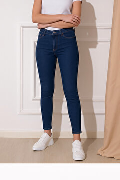 DELDNM Bagy Kadın Lacivert Yüksek Bel Likralı Esnek Fit Rahat Skinny Dar Paça Jeans Kot Pantolon