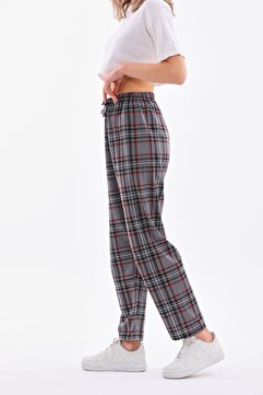 Arvin Pijama Ekose Baskılı Penye Pamuklu Kumaş Unisex Relaxed Pijama Altı Gri