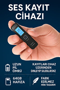 Shuzi Mini Ses Kayıt Cihazı Ekranlı Kulaklık Hediyeli 64GB Cihaz Üzerinden Kayıt Dinleme Özelliği