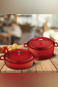 Lava 24cm Yuvarlak 28cm Sığ 2li Demir Döküm Tencere Seti Kırmızı