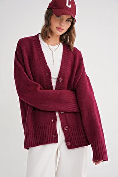 Mixray 6927 Kadın Yumuşak Dokulu Salaş Basic Triko Hırka Bordo