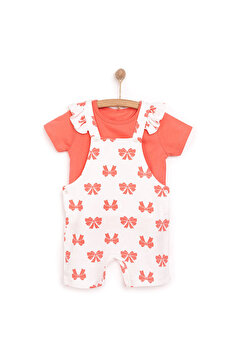 ebebek Hello Baby HelloBaby Kız Bebek Basic Şort Salopet-Tişört 2li Takım Bisiklet Yaka Reçme Paça Kısa Kol Ekru