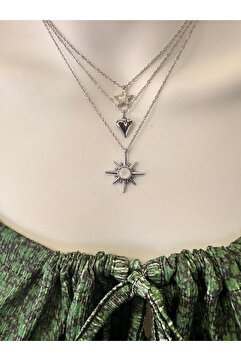 Uno Di Famiglia 3'lü celik charm kolye , yıldızlı kolye , kalpli kolye , kutup yıldızı kolye , 3'lü kolye seti