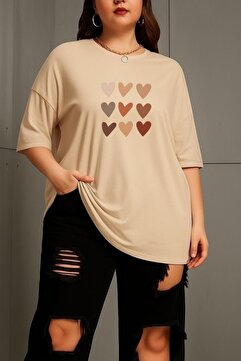 BENROMA Büyük Beden Sıralı Kalpler Baskılı Unisex Tişört