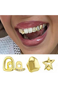 Genel Markalar Y2k Hip Hop Gold Rengi Yıldızlı Taşlı Üçlü Gems Tooth Grillz Diş Taşı Aksesuar