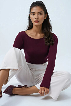 Trend Alaçatı Stili Bordo Kayık Yaka Basic Bluz ALC-X14395