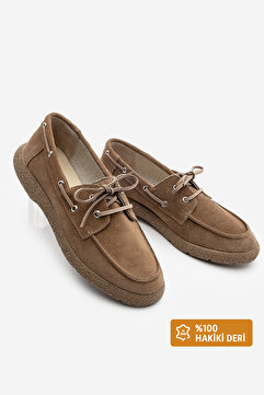 Marjin Kadın Hakiki Deri Bağlamalı Loafer Günlük Ayakkabı Enita Camel Süet