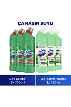 Domestos Çamaşır Suyu Dağ Esintisi 750 ml x3 + Çamaşır Suyu Bio Active Mutfak 750 ml x3