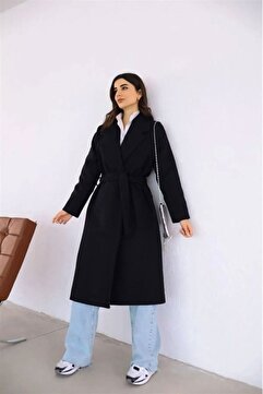 Prilika Kadın Siyah Kuşaklı Astarlı Cepli Uzun Oversize Kaşe Kaban