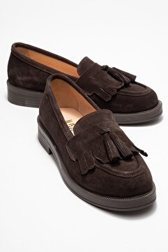 luvishoes MİLİNA Kahverengi Süet Püsküllü Hakiki Deri Kadın Loafer Ayakkabı