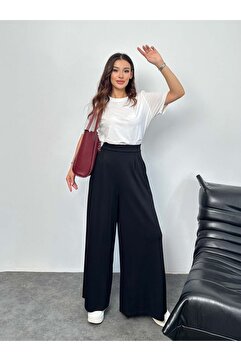 Hatun Atila Arka Beli Lastikli Pili Detaylı Modal Kumaş Geniş Paça Palazzo Pantolon 8903 - Siyah