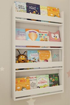Sanal Mobilya Montessori Çocuk Kitaplığı 4 Raflı Duvar Tipi Beyaz Kitaplık - Eğitici Tasarım