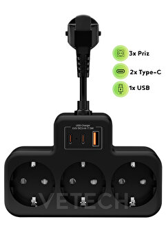 Vetech Akım Korumalı Grup Priz Duvar Tipi 3x Priz, 2x Type-C, 1x USB Port Çıkışlı Çoklu Priz