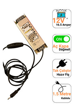 Ema Dükkan 12V 16.5A Ultra Slim LED Trafo Anahtarlı Fişli 180W İnce Kasa LED Sürücü Adaptör
