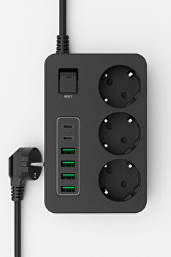 SMAYLİNG Akım Korumalı 3’lü Priz – 2×USB-C + 4×USB-A Hızlı Şarj, 2m Kablo, Çocuk Korumalı Çoklu Priz
