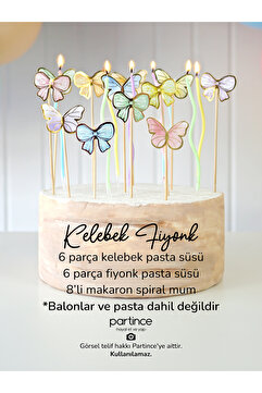 partince 3 Parça Makaron Spiral Mumlu Kelebek Fiyonk Pasta Süsü Ve Doğum Günü Pasta Süsleme Seti