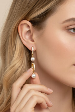 bymissmücevherat 925 Ayar Gümüş Zirkon Taşlı 6 mm Gold Renk İncili Halka Küpe