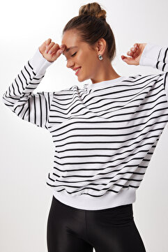Lovelyİstanbul Çizgili Mevsimlik İki İplik Örme Sweatshirt LEN0027 BEYAZ SİYAH